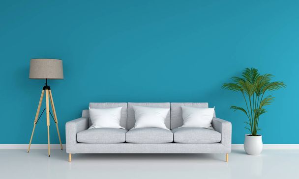 Sofá cinza e lâmpada na sala de estar azul para maquetes, renderização 3D
 - Foto, Imagem