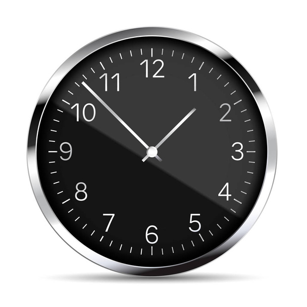 Realistyczna ilustracja z czarnego metalu zegar ścienny z refleksjami, cyfry i srebrne ręce. Izolowane na białym tle-wektor - Wektor, obraz