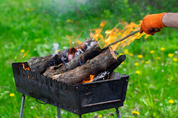 Feu, flammes de bois de braise pour grill ou barbecue pique-nique, fumée et f
 - Photo, image