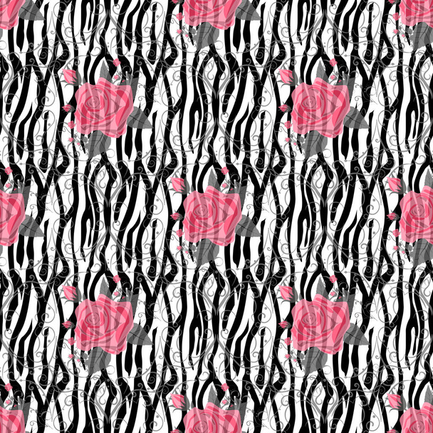 Zebra csíkok vörös rózsa Virágok zökkenőmentes minta. Zebra lenyomat, állati bőr, tigris csíkok, absztrakt minta, vonal háttér, szövet. Csodálatos kézzel rajzolt vektor illusztráció. Plakát, zászló. eps10 - Vektor, kép