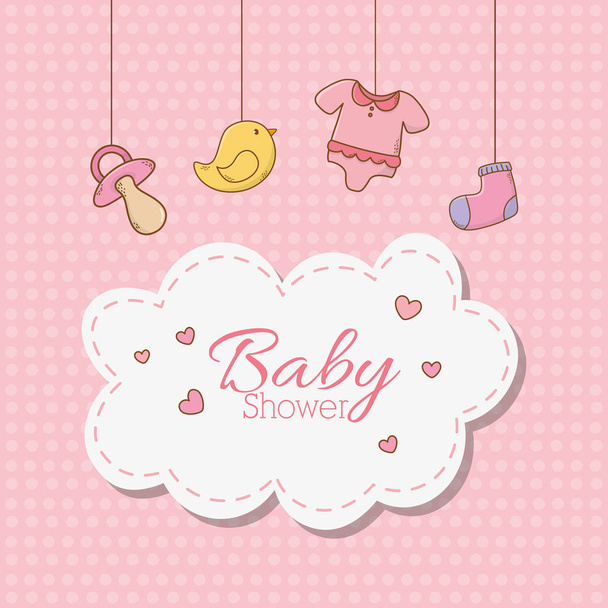 baby shower card with accessories hanging - Vector, Image