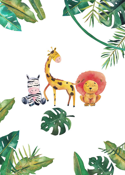 Watercolor invitation with wild animals and jungle leaves. Children hand-drawn illustration - Фото, изображение