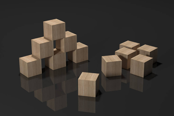 Dřevěné kostky na zrcadlovém povrchu 3D vykreslování  - Fotografie, Obrázek
