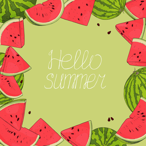 Frame with watermelons in sketch style. Hand-drawn. - Vector, Image