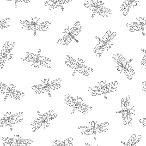 Vector seamless pattern of black and white insects. Repeat background with isolated monochrome dragonfly. Good for clothes for teenagers, stationery, wallpaper and gift paper. Cartoon style. - Вектор,изображение