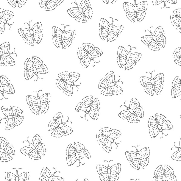 Vektornahtloses Muster schwarzer und weißer Insekten. Hintergrund mit isoliertem monochromen Schmetterling wiederholen. gut für Kleidung für Jugendliche, Schreibwaren, Tapeten und Geschenkpapier. Cartoon-Stil. - Vektor, Bild