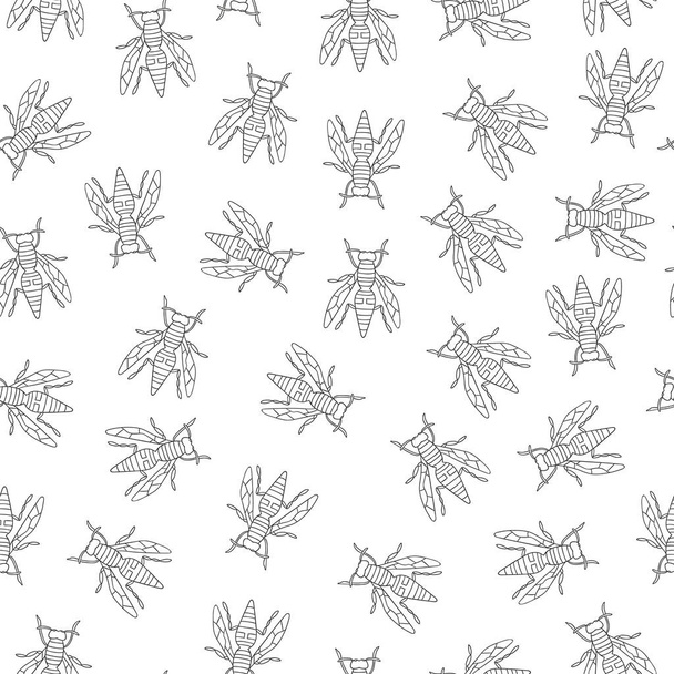 Vector seamless pattern of black and white insects. Repeat background with isolated monochrome wasp or bee. Good for clothes for teenagers, stationery, wallpaper and gift paper. Cartoon style. - Вектор, зображення