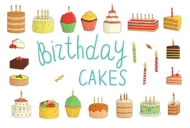 Conjunto vectorial de tortas de colores con velas, globos, regalos
 - Vector, imagen