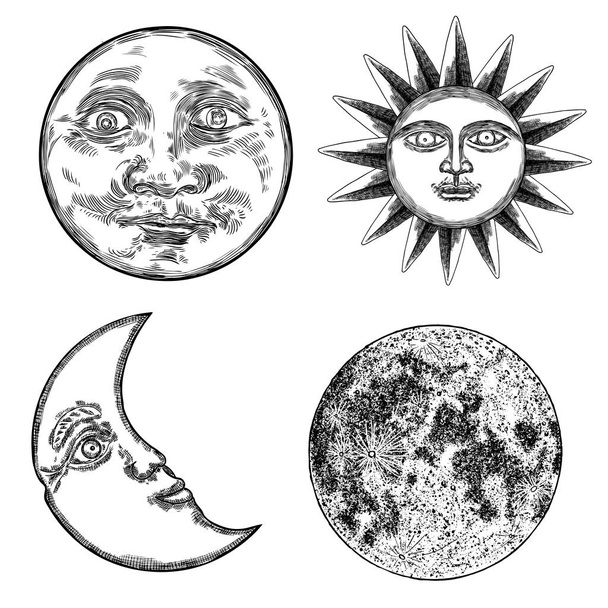 Style set of realistic full moon and human face like crescent, s - Vetor, Imagem