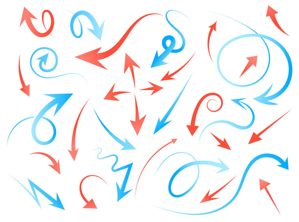Flechas rojas y azules giradas en diferentes direcciones. Flecha vector icono de botón 3d conjunto en fondo blanco
. - Vector, Imagen