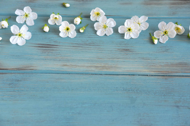 Lente bloemen van kersen op een houten achtergrond met een plaats voor een inscriptie. Ontwerp voor wenskaart met kersen bloemen. Sjabloon, leeg voor lente banner, blog post met lente bloemen. - Foto, afbeelding