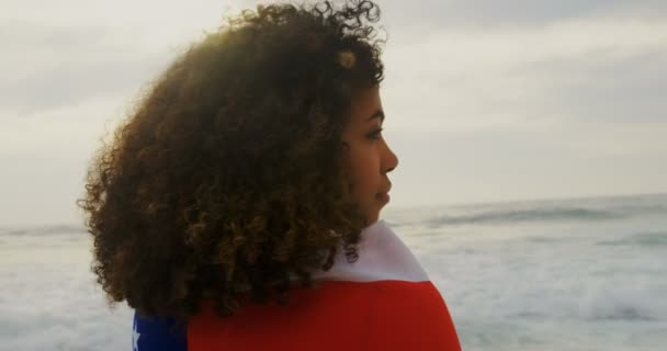 Side view of African American woman wrapped in American flag standing on the beach. She is smiling and looking at camera 4k - 映像、動画