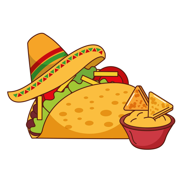 Taco Nachos und Hut mexikanisches Essen traditionell - Vektor, Bild