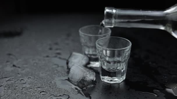 Derramando los chupitos del vodka de la botella en el cristal. Fondo negro
 - Metraje, vídeo