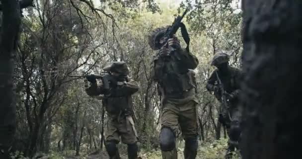 Bir orman sahnesinde savaş sırasında tam silahlı komando askerlerin in Mangası - Video, Çekim