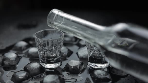 Derramando los chupitos del vodka de la botella en el cristal. Fondo negro
 - Imágenes, Vídeo