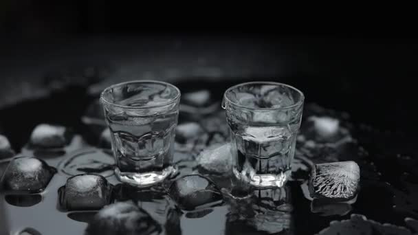 Adjunk hozzá jégkockát a lövés a vodka üveg fekete háttér előtt. Alkoholos ital - Felvétel, videó
