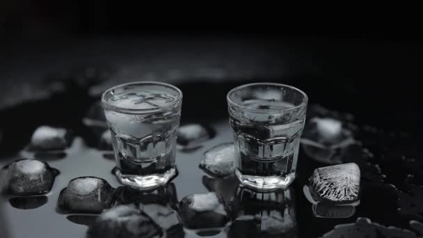 Add hozzá jégkockát a lövések a vodka az üveg fekete háttér előtt. Alkoholos ital - Felvétel, videó