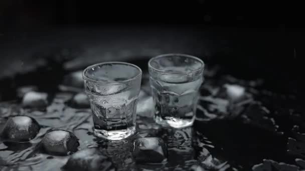 Acrescente cubos de gelo ao tiro de vodka no vidro contra o fundo preto. Bebida alcoólica
 - Filmagem, Vídeo