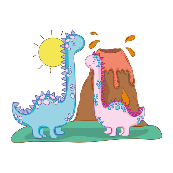 cute apatosaurus couple with volcano - Vector, Image