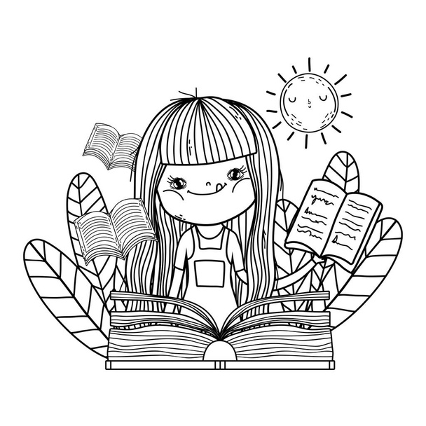 menina leitura livro com sol kawaii no campo
 - Vetor, Imagem