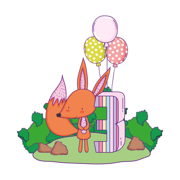 cute and little fox with balloons helium in the landscape - Vector, Image