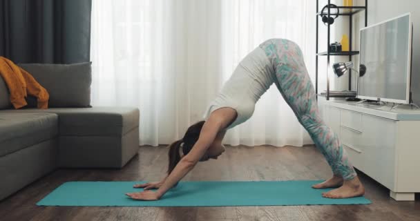 Young woman doing workout at home. Fitness girl doing yoga exercises on mat. Healthy and sport lifestyle. - Filmmaterial, Video