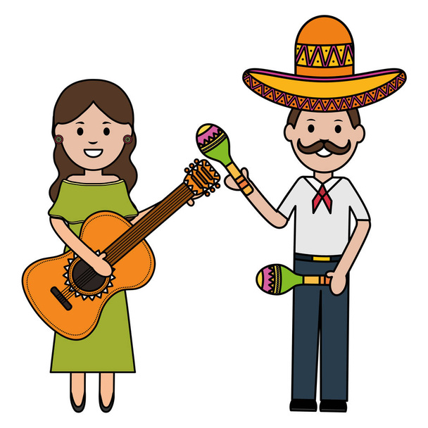 Μεξικανούς ζευγάρι με καπέλα Μαριάτσι και όργανα - Διάνυσμα, εικόνα