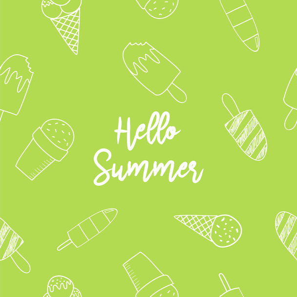 Hello summer green vector card. Hand drawn ice cream seamless pattern - Vector, Imagen