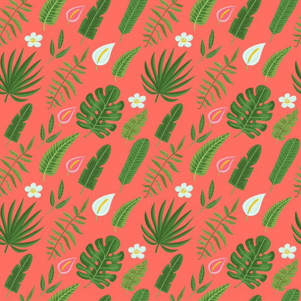 Seamless pattern with tropical leaves and flowers - Вектор,изображение
