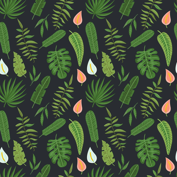Seamless pattern with tropical leaves and flowers - Vettoriali, immagini