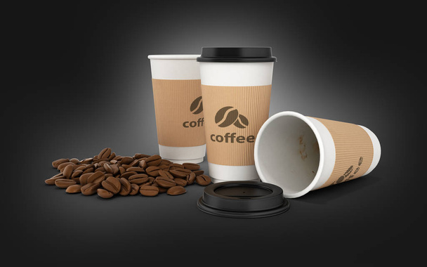 Taza de café de papel con granos de café sobre fondo degradado negro
  - Foto, imagen