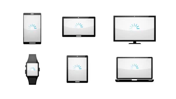Кілька пристроїв Завантаження технологій Піктограми Набір / 4k анімація набору технологій декількох пристроїв піктограми і символи, включаючи смартфони, настільний ПК, ноутбук, годинник і екран для бізнесу
 - Кадри, відео