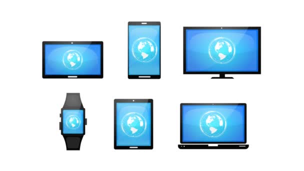 複数のデバイス上の地球のハドアニメーションは、複数のデバイスの技術アイコンと地球Hudインフォグラフィックスを持つ複数のデバイスのアイコンやシンボルのパックのセット/4kアニメーション、スマートフォン、テーブルPC、ラップトップ、時計、ビジネス用の画面 - 映像、動画
