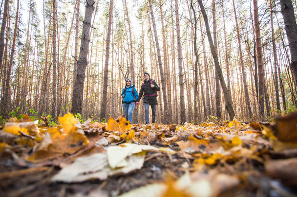 Macera, seyahat, turizm, yürüyüş ve insanlar kavramı - gülümseyen çift sırt çantaları ile sonbahar doğal arka plan üzerinde yürüme - Fotoğraf, Görsel