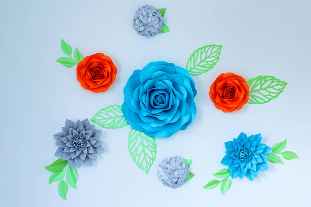 decor on the wall - beautiful bright paper flowers. - Photo, Image