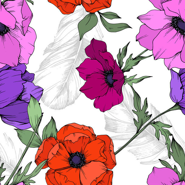Anemone virágos botanikai virágok. Fekete-fehér vésett tinta Art. Folytonos háttérmintázat. - Vektor, kép