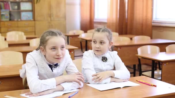 Schoolgirl raises her hand to answer the teacher's question.Two girls of a teenager schoolgirl are sitting at the table, one student raises her hand to answer the teacher's question, the second girl knows the subject of the lesson lesson - Footage, Video