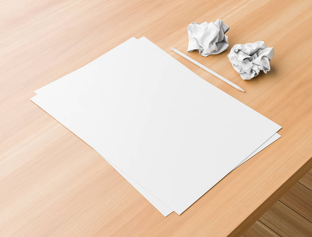A4 format paper mock up with two crumpled papers on wooden table - Photo, Image