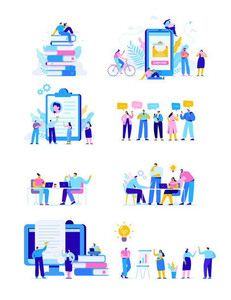 Business people vector set. Creative team characters. Discussion people. Office workers life. Team thinking and brainstorming. Flat vector characters - Vector, Image