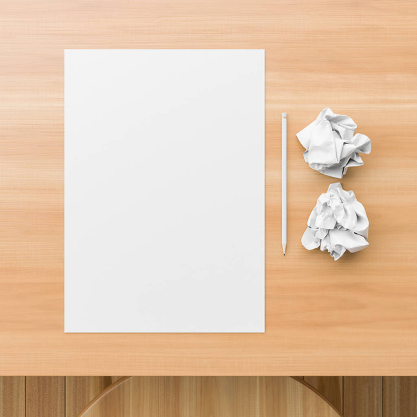 A4 papel formato mock up com dois papéis amassados em mesa de madeira
 - Foto, Imagem