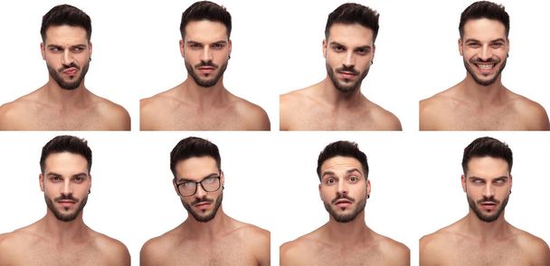 Collage image of a topless man making different faces - Photo, Image
