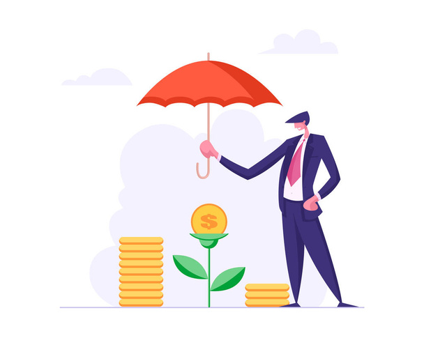 Finance Insurance Concept with Businessman Holding Umbrella Under Money Tree. Money Protection Financial Savings, Secure Investment. Vector flat cartoon illustration - Vector, Image