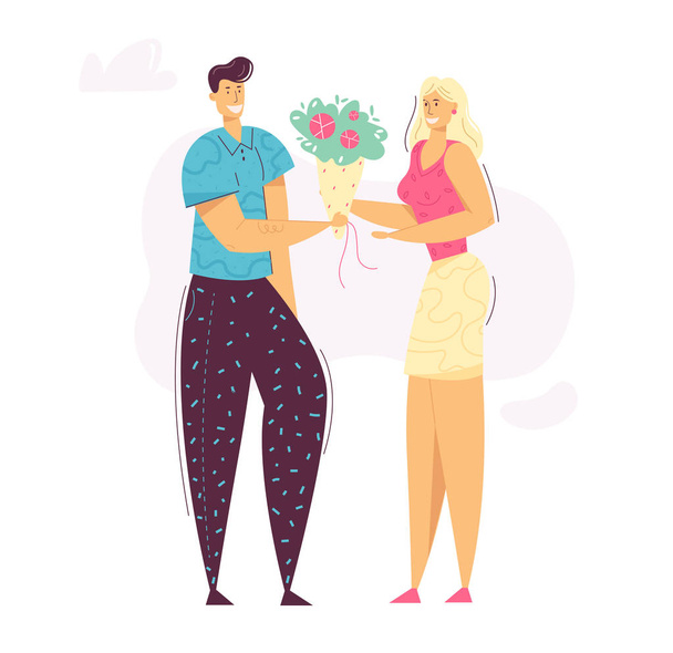 ハッピーカップルデート。彼のガールフレンドに花束を与える男性キャラクター。若い美しい女性に愛を提案する男。ベクトルフラット漫画イラスト - ベクター画像