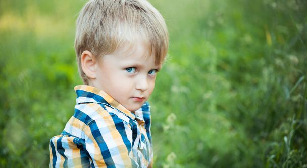 roztomilý malý chlapeček sedí v trávě - Fotografie, Obrázek