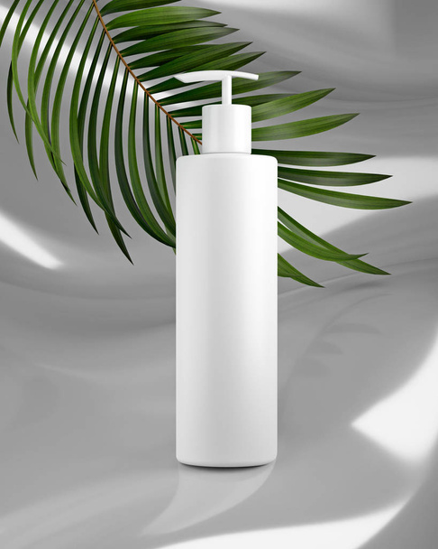 White design of natural cosmetic cream , serum, skincare blank bottle packaging with leaves herb, bio organic product.beauty and spa concept. 3d illustartion - Photo, Image