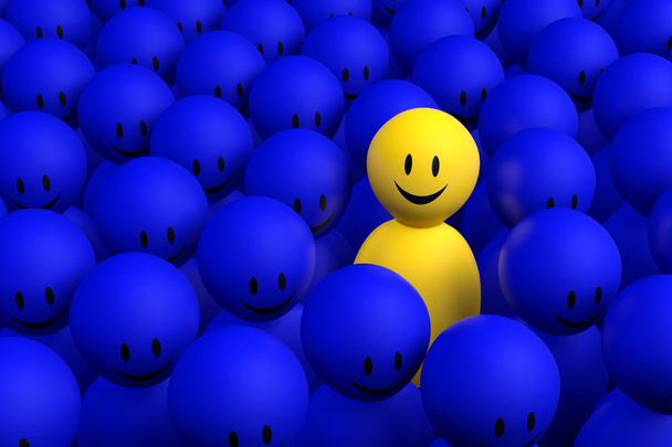 3D žluté člověk vyjde z modré davu - Fotografie, Obrázek