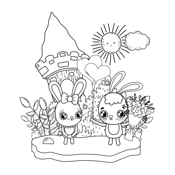 carino conigli coppia con fiori San Valentino
 - Vettoriali, immagini