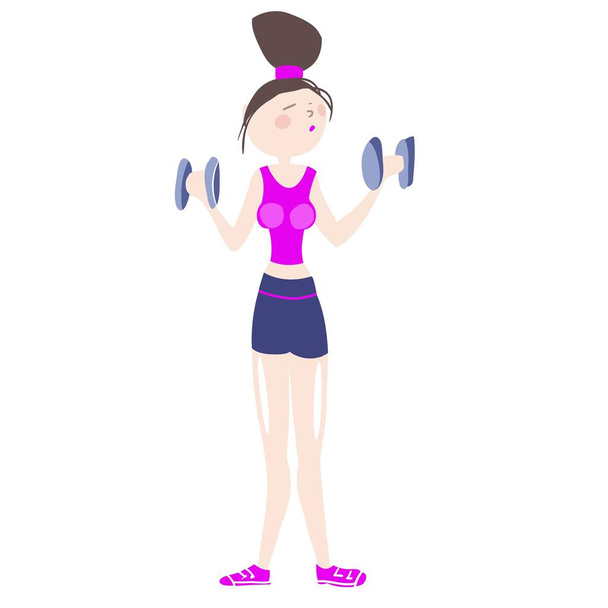 Дівчина у відмінній фізичній формі, виконує вправи з гантелями, у спортивному одязі, персонажі мультфільмів, вектор кольорового зображення
 - Вектор, зображення