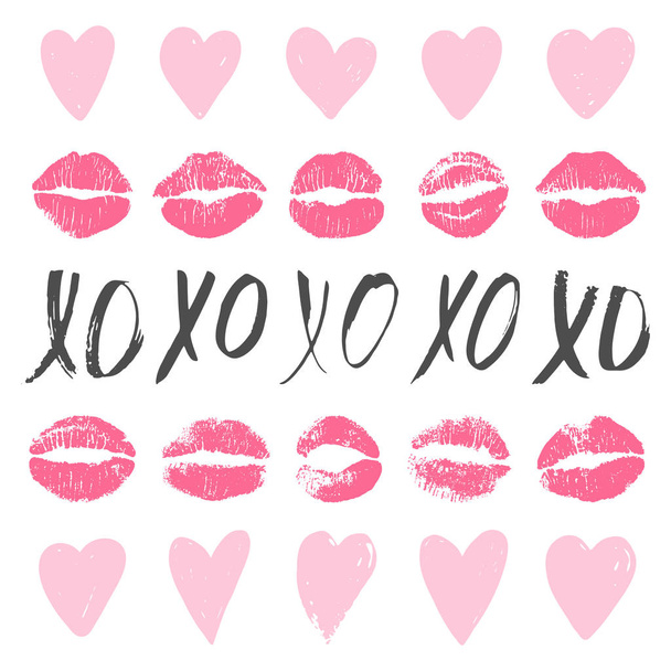 Set of XOXO phrase, lip imprints, hearts. - Vector, Image